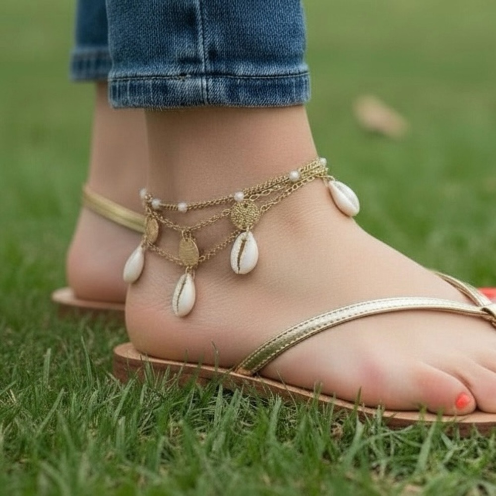 Boho Cowrie Shell Gold Anklets (3 Separate) Layered Whimsical Coastal Romantic